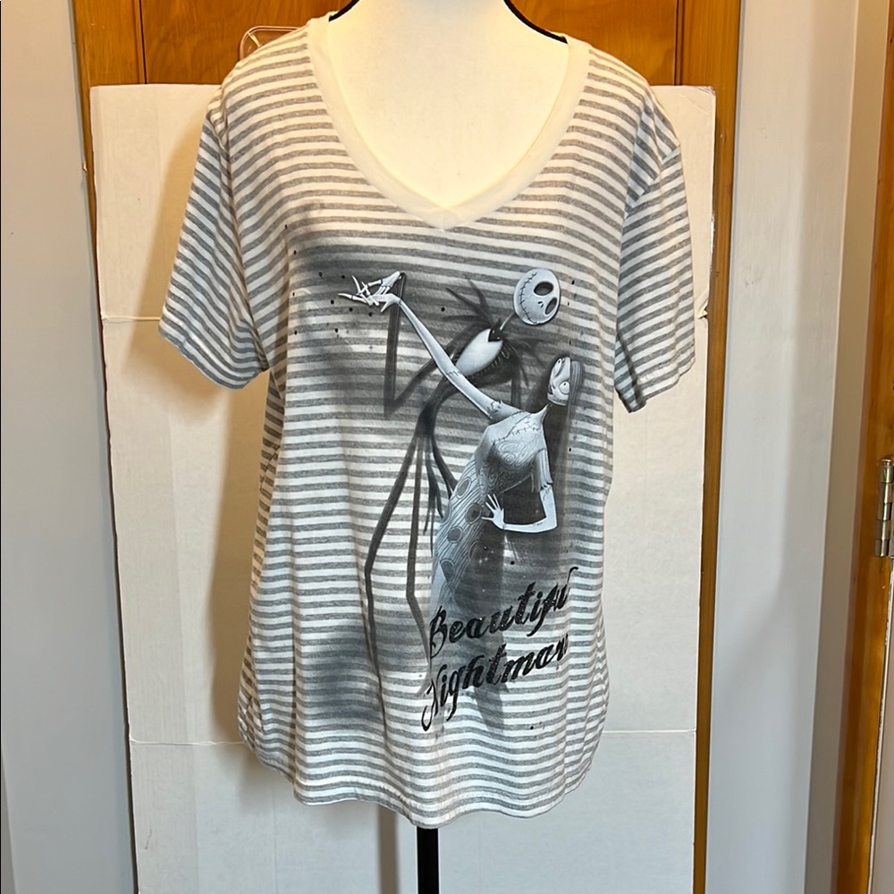 Disney Store Nightmare Before Christmas Tee Shirt Striped V Neck Gray White
